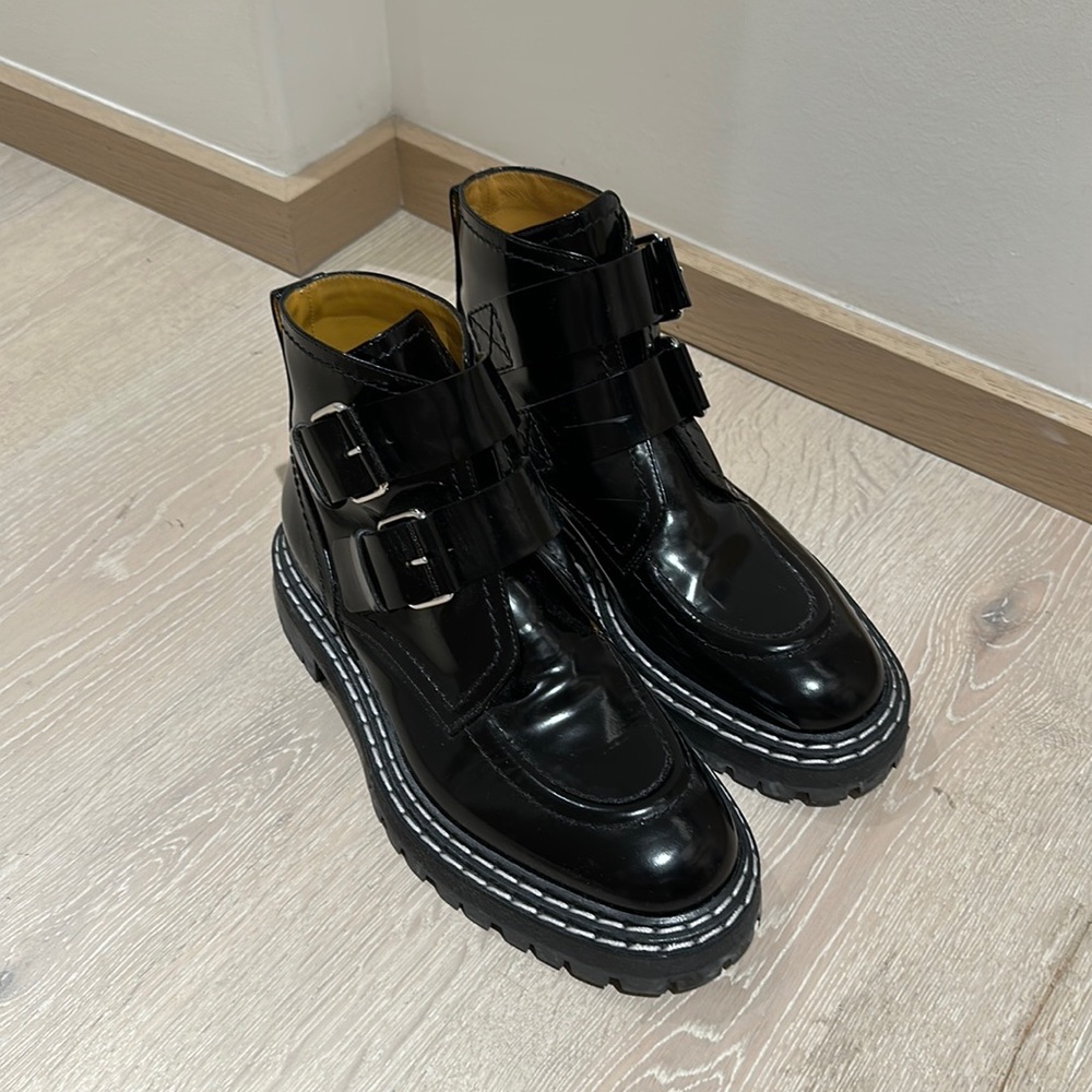 Proenza Schouler Buckled glossed-leather ankle boots in black